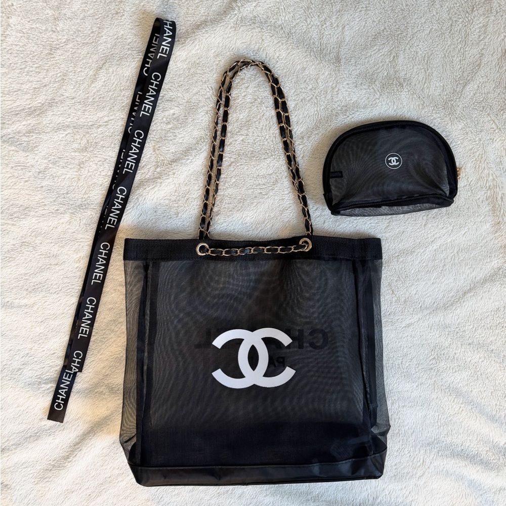 CHANEL Black Mesh Tote with Gold Chain and White CC Logo